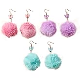 3-6Pairs Colorful Faux Fur Round Ball Butterfly Plush Pom Pom Drop Dangle Earring Set Long Tassel Statement Earring for Women Christmas Valentines Jewelry Gift