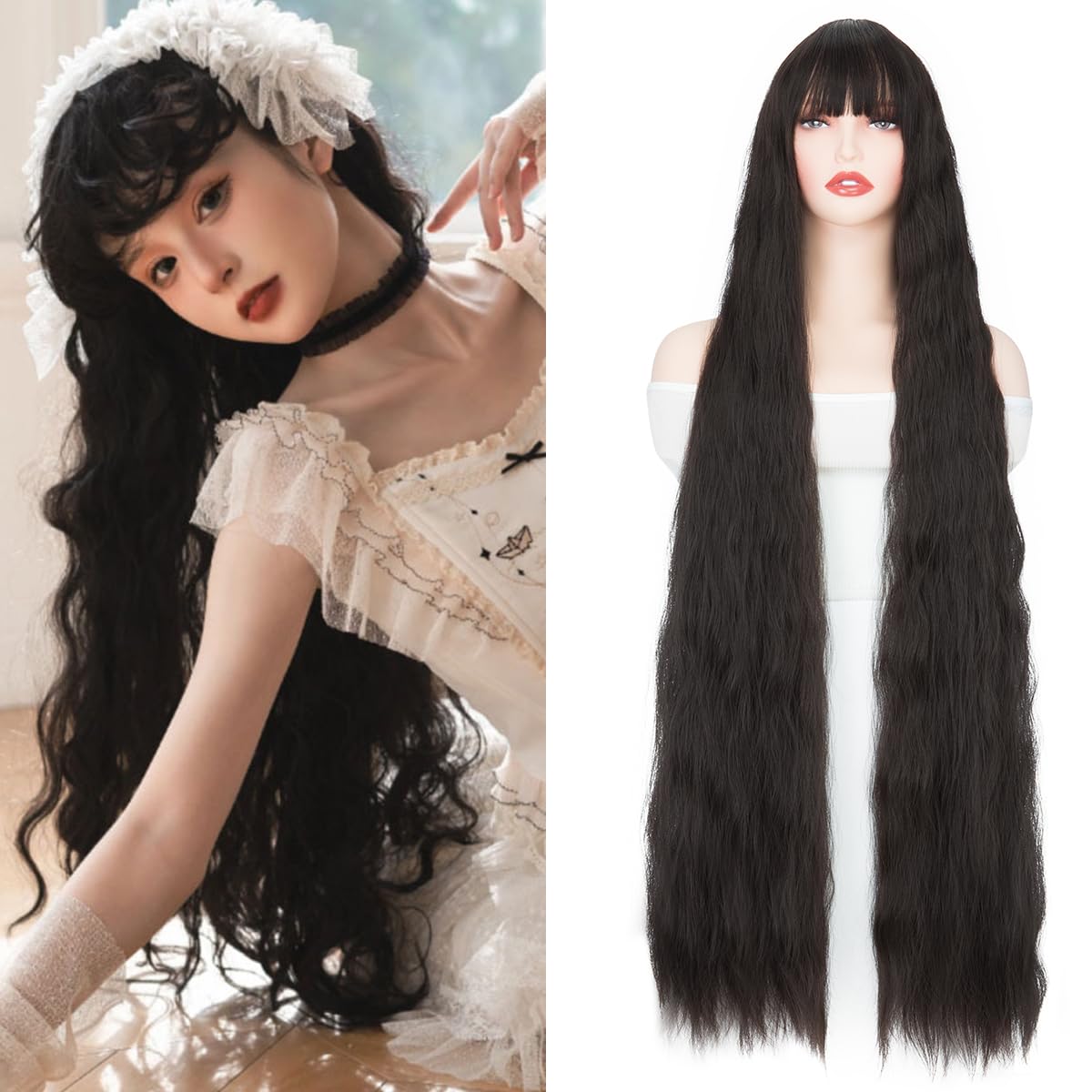 Yamel Extra Long Corn Curly Brown Wigs for Women Cosplay Costume Synthetic 39 inch Lolita Wig With Bangs