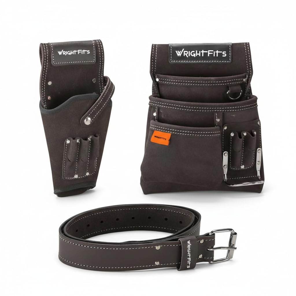 WrightFits Leather Tool Pouch with Multiple Pockets, Hammer Loop & Drill Holster | Heavy‑Duty Work Tool Organizer with Adjustable Waist Belt for Carpenters, Gardeners, Builders & Electricians