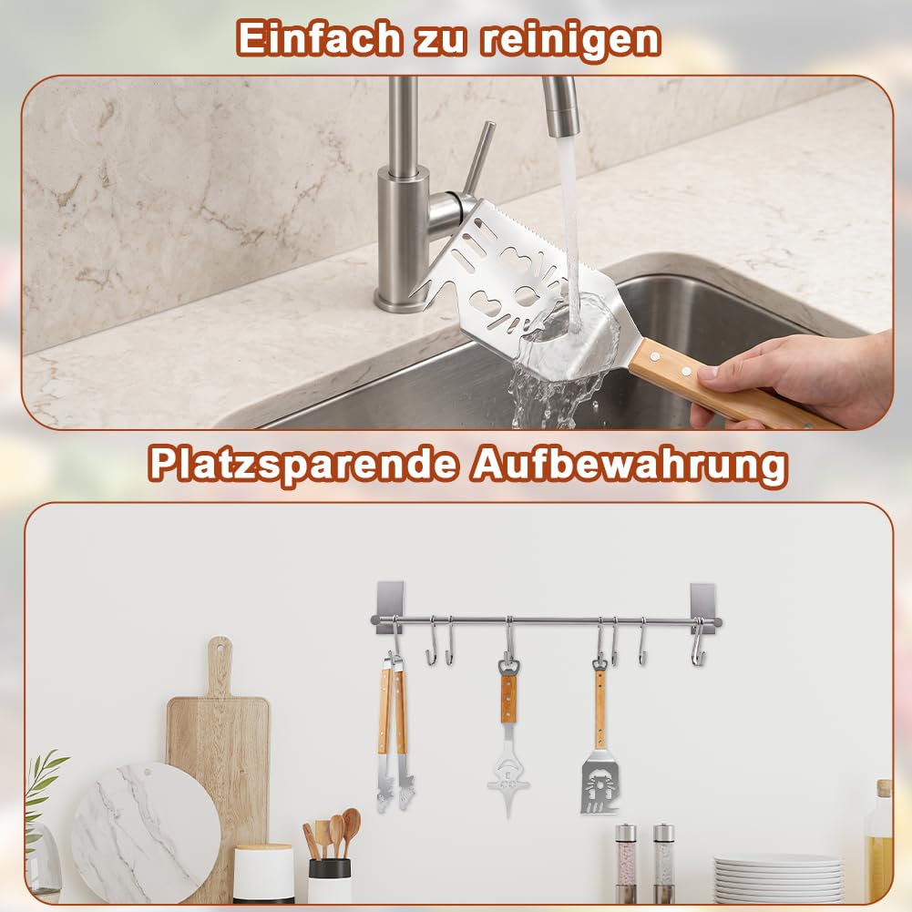 7-in-1 Grillbesteck Set Edelstahl, Multifunktionales Grillspachtel mit Grillzange und Grillgabel, BBQ Grill Zubehör, Kreativer Grillzubehör Männer Geschenk, Grill Geschenke für Männer/Frauen/Eltern 8