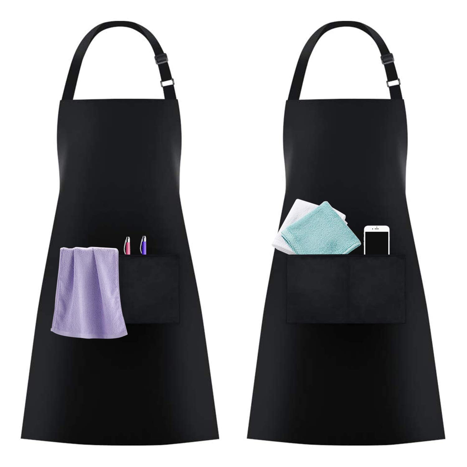KTHZI 2 Pack Adjustable Aprons, Polyester Waterproof Aprons with Pockets, Home Kitchen Chef Apron for Cooking, Baking, BBQ, Restaurant, Coffee house, Unisex 2PCS(Black)