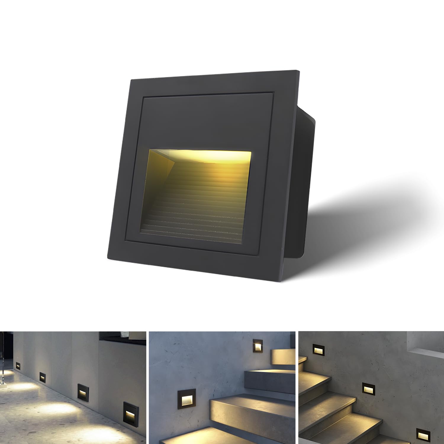 Arotelicht 1pcs/3W Wall Recessed Stair Lights LED,Warm White,Indoor Step Light,Square Recessed Wall Light,Black Cover Staircase Light IP44 for Indoor Outdoor Stairs, Home, Kitchen, Attic, Aisle