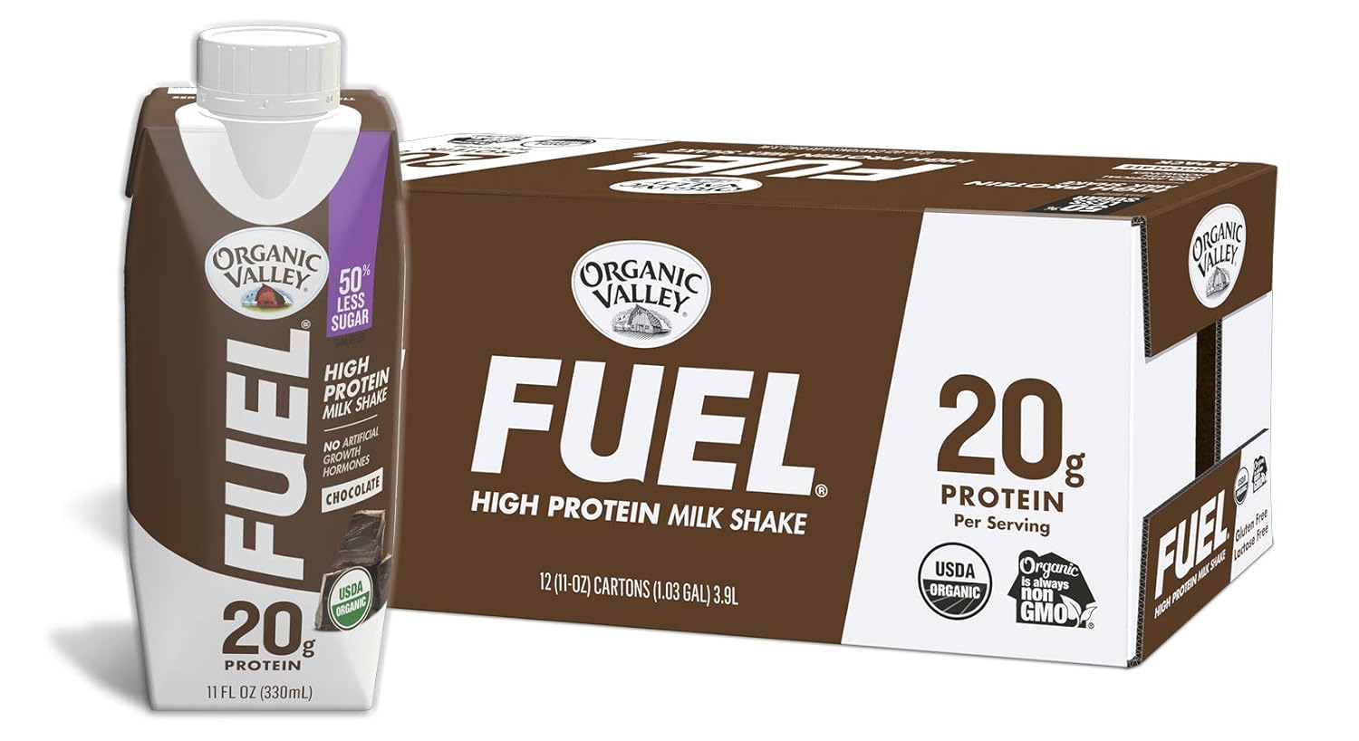 Organic Valley, Organic Fuel High Protein Milk Shake, 20G Protein, Chocolate, 11 Fl Oz (Pack of 12)