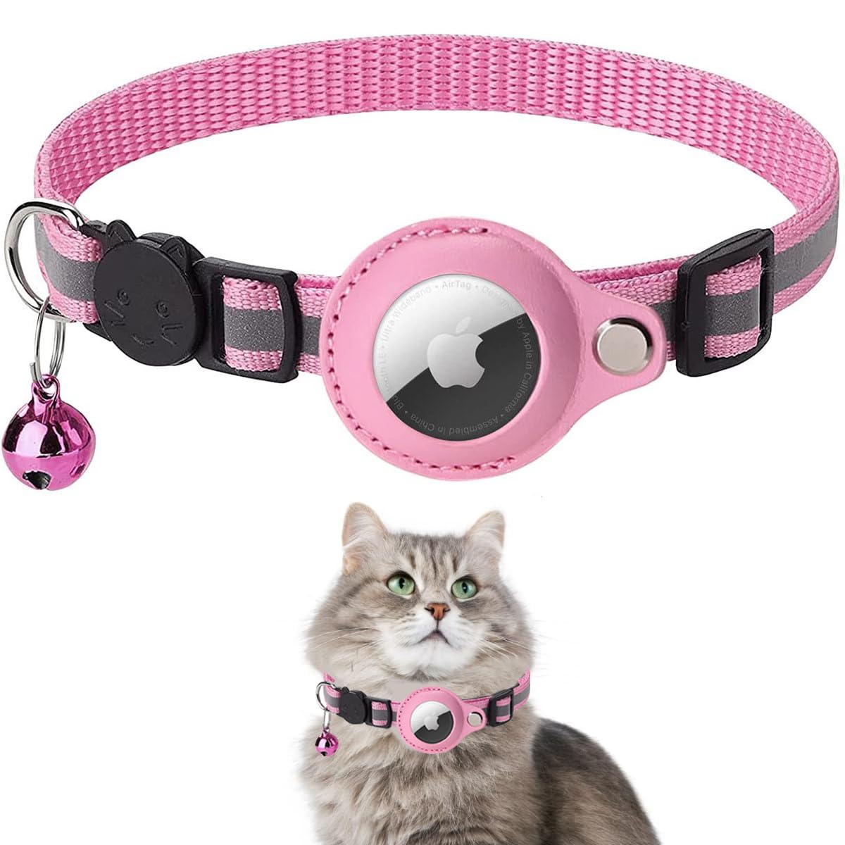 Airtag Cat Collar, Air tag Cat Collar with Bell and Safety Buckle in 3/8" Width, Reflective Collar with Waterproof Airtag Holder Compatible with Apple Airtag for Cat Dog Kitten Puppy (Pink B) — image 1