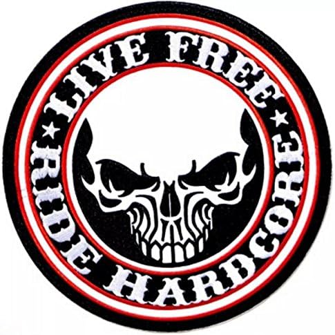 9.5" Round LIVE FREE RIDE HARDCORE Skull Patch Badge Look Cool Embroidered Iron on Sew for Biker Trucker Rocker Chopper Jacket Jeans Cap Shirt