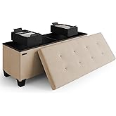 Storage Ottoman Bench with Bins, 43-in Storage Bench for Bedroom End of Bed, Folding Foot Rest Ottoman for Living Room Max 660lbs, Fabric Ottomans, Taupe