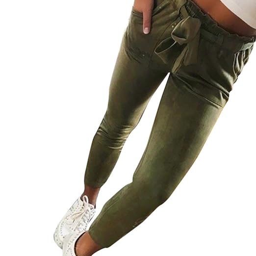 Coolster Damen-beiläufige gestreifte hohe Taillen-Hosen-elastische Taillen-beiläufige Hosen (Armeegrün, M)