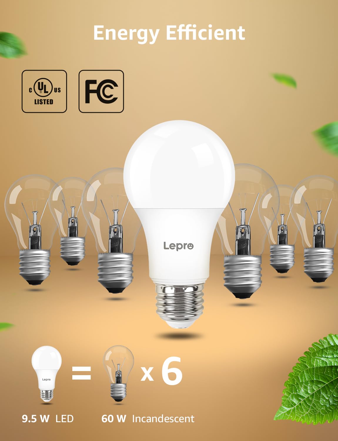 Lepro Dimmable LED Light Bulbs 60 Watt Equivalent, 9.5W 800LM Soft Warm White 2700K, A19 E26 Standard Medium Base, UL FCC Listed, 15000 Hour Lifetime, 6 Packs