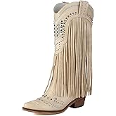 LGQ Fringe Cowboy Boots for Women Wide Calf Embroidered Tassal Cowgirl Boot Knee High Snip Toe Pull On Western Shoes