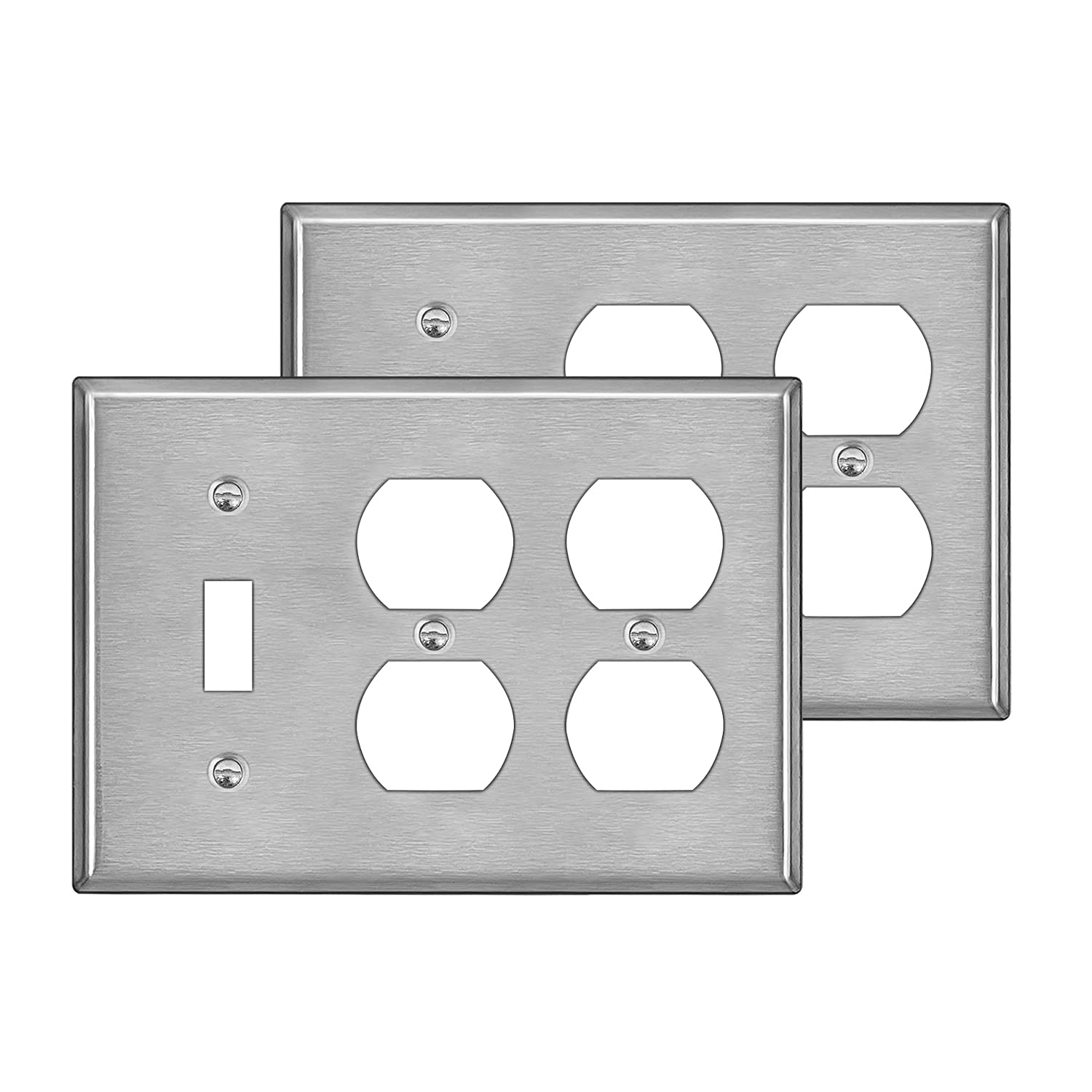 Photo 1 of [2 Pack] BESTTEN 2-Duplex/1-Toggle Combo Metal Wall Plate with Protective Film, 3-Gang Standard Size, Corrosion-Resistant Stainless Steel Outlet and Switch Cover, Brushed Finish, Silver
