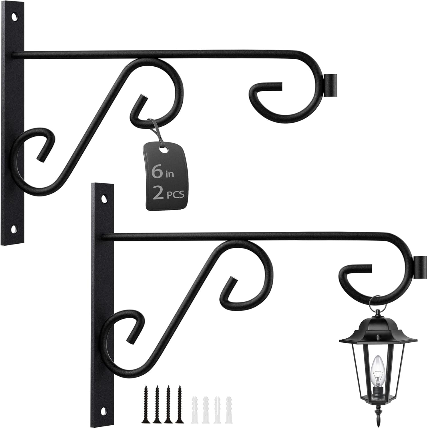 Outdoor Hanging Brackets - ASZUNE Outdoor Hanging Brackets,6in Plant Hanger 2Pack for Plants,Lights,Planters,Lanterns,Hanging Bird Feeders,Wind Chimes,Indoor&Outdoor Decoration Hooks Black