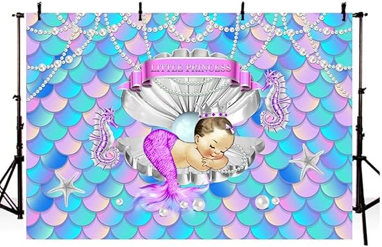 Amazon Com Comophoto Mermaid Little Princess Backdrop Under The Sea Shell Crown Pearl Blonde Baby Shower Background 7x5ft Vinyl Cake Table Decorations Photography Background Photo Booth Banner Props Camera Photo