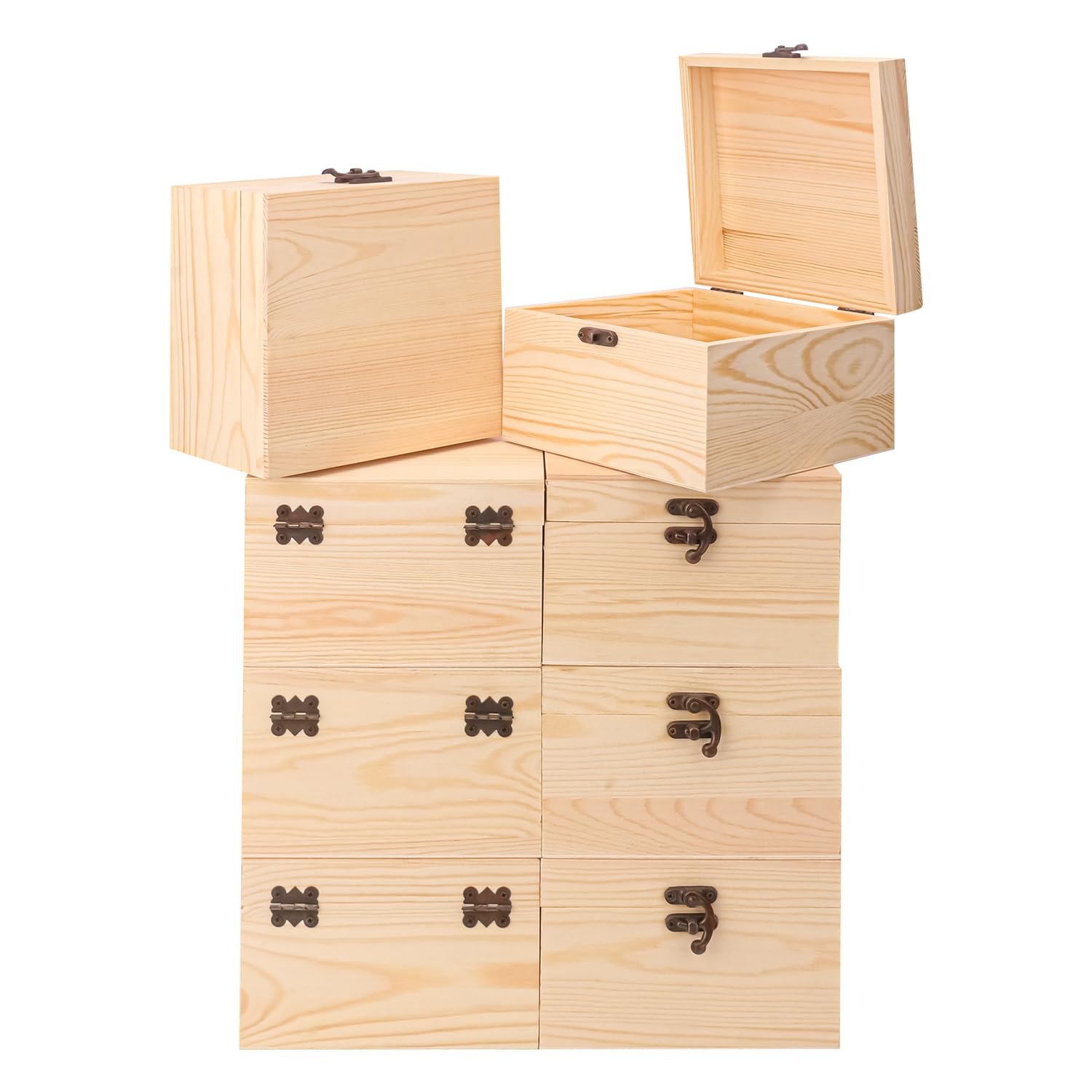 Photo 1 of Kukmakri 8 Pack Pine Plain Wooden Boxes, 6" x 6" x 4" with Hinged Lid for Crafts & Decorative Purposes