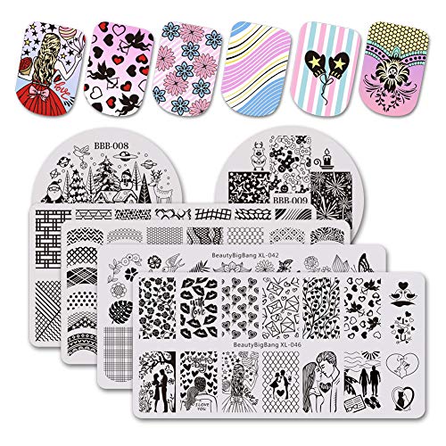 BEAUTYBIGBANG 6Pcs Nail Stamping Plates Set Valentine's Day Sweetheart Flower Winter Image Templates Nail Art Stamping Kits DIY Salon Design
