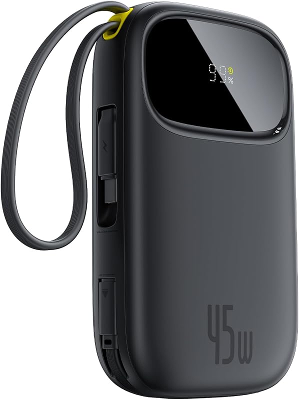 Powerbank 45W 20000mAh con 2 Cavi USB-C Integrati, Ricarica Rapida Power Bank PD3,0 QC4,0, 3 C 1 A, Caricatore Portatile per iPhone 16/15/14 Pro Max, iPad, Samsung, Nero