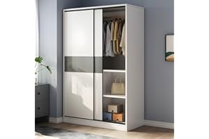 LITFAD Sliding Door Wardrobe Wooden Minimalistic Bedroom Armoires Modern Clothes Cabinet Functional Closet for Clothing with Shelves and Clothing Rods for Bedroom Storage,White-39.5"L x 18"W x 71"H