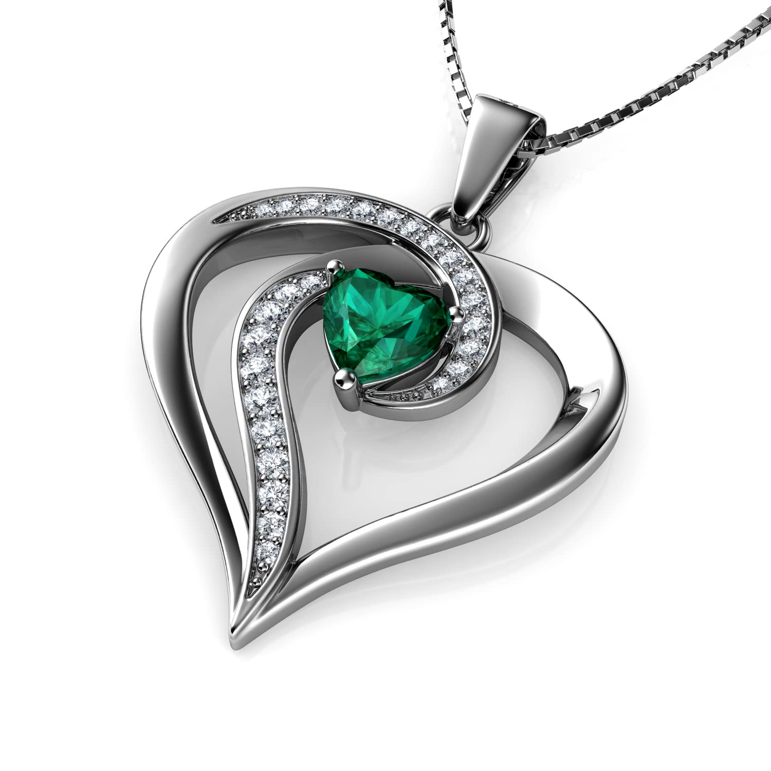 DEPHINI - Heart Necklace - 925 sterling silver Double Hearts Pendant - Cubic Zirconia - Jewellery for Women (Green)