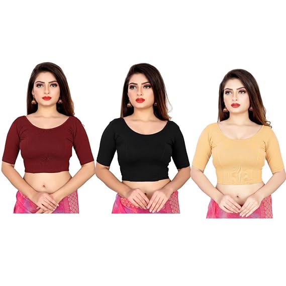 stretchable elbow sleeves blouse 28 to 46 size cotton lycra for women pack of 3 combo