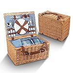 Picnic Basket For 4 - 29 Piece Kit Includes Wicker Basket with Stainless Steel Flatware, Ceramic Plates, Glasses, Linen Napkins and Blanket and More - by Vysta