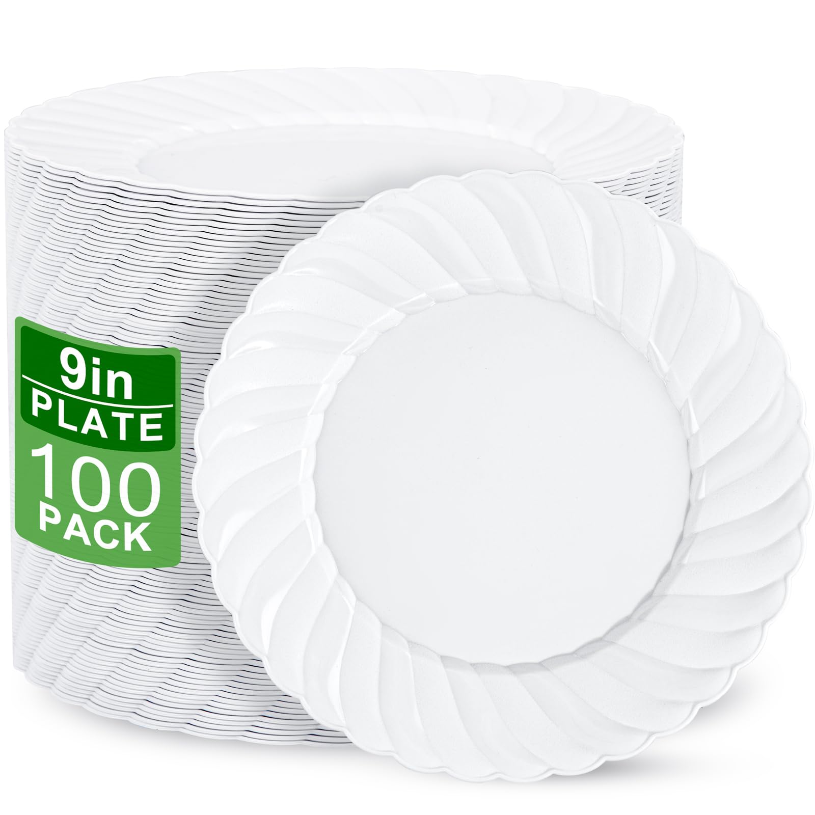 Photo 1 of U-QE 100 Pieces White Plastic Plates - 9 Inch White Disposable Plates - Washable & Reusable - Premium Hard Plates - Party Supplies for Birthdays, Celebrations, Travel, Wedding, Party and Events