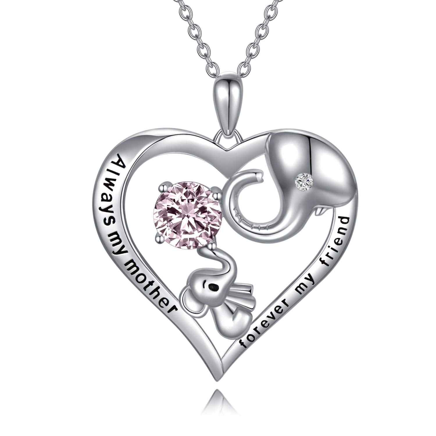 Mum Necklace Sterling Silver Love Heart Lucky Elephant Necklace with Birthstone Crystals, Birthday Mothers Day Jewellery Gifts for Mum from Daughter Son (Simulated Light Amethyst)