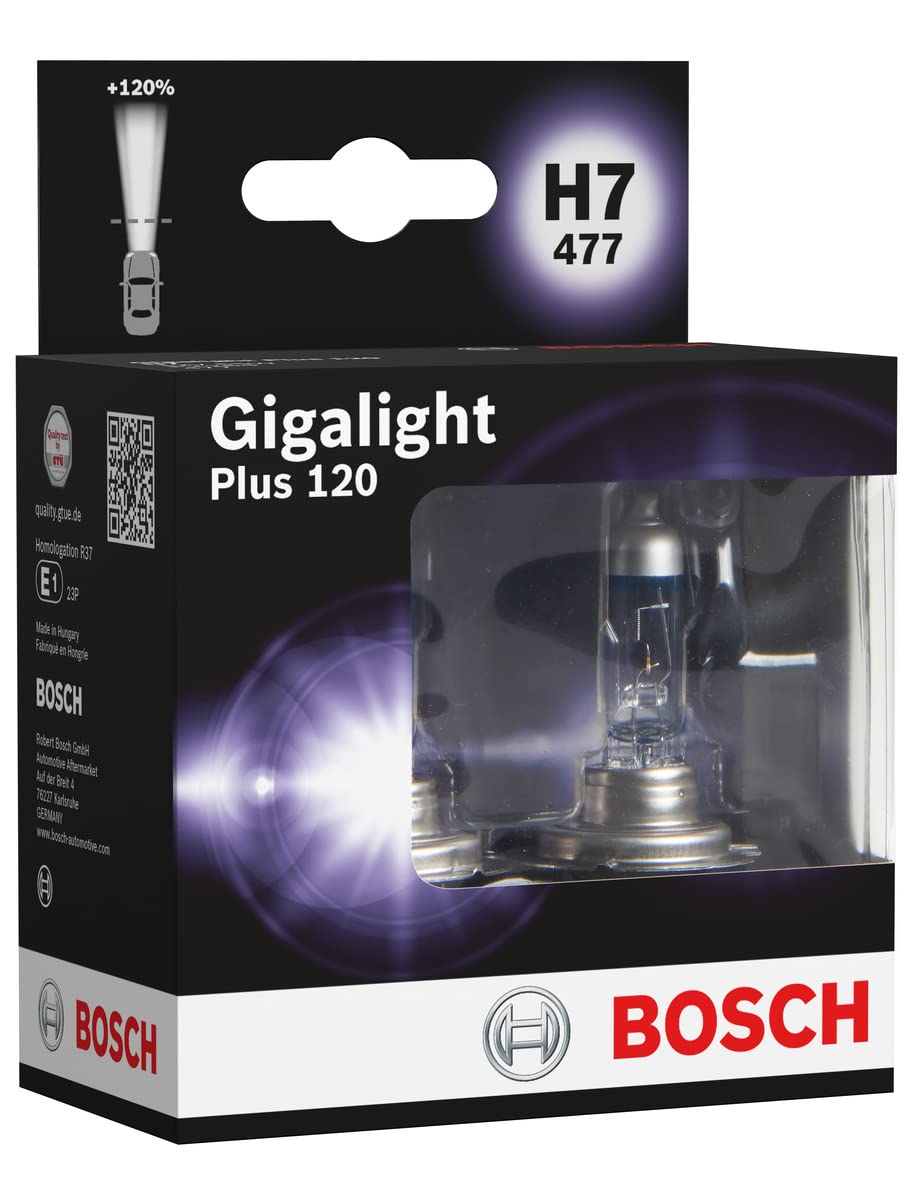 Bosch H7 (477) Plus 120 Gigalight Halogen Headlight Bulb, 12V 55 W, 120% more Light - Socket Type PX26d - Pack of 2 Replacement Car Light Bulbs
