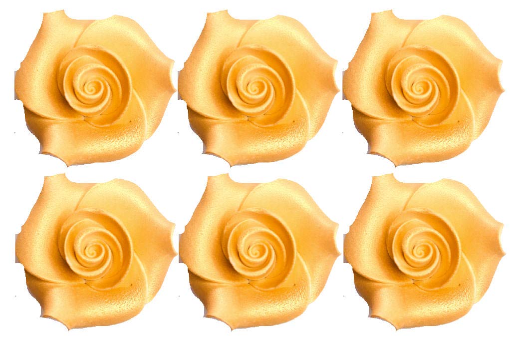 Small Ready to Use Hand-Crafted Premium Royal Icing Contoured Cupcake Topper Cake Decoration Roses (Gold)