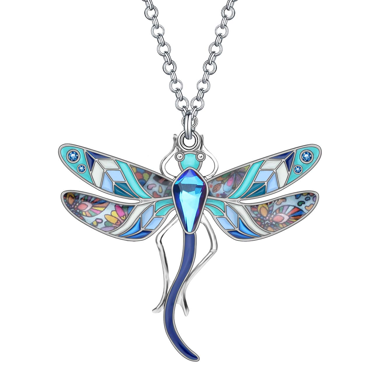 BONSNY Statement Enamel Rhinestone Dragonfly Necklaces Pendant Original Design for Women Nature Lover Jewelry (Navy)