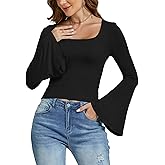 LYANER Women's Casual Solid Square U Neck Bell Long Sleeve Skinny Tee Shirt Top