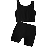 EXARUS Girl's 2 Piece Outfits Workout Set Seamless Ribbed Cropped Tank Tops and Athletic Shorts Dance Summer Kids 6-14Y