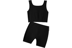 EXARUS Girl's 2 Piece Outfits Workout Set Seamless Ribbed Cropped Tank Tops and Athletic Shorts Summer Kids 6-14Y