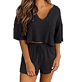 Ezbelle Women's V Neck Waffle Knit Pajamas Set Short Sleeve Crop Tops with Shorts 2 Piece Outfit Lounge Set