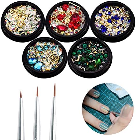 HOOPEN 5 Boxes Nail Crystals, Mixed Colorful Beads Glitter Rhinestones Nail Art Decorations with 3Pcs Dotting Painting Drawing Polish Nail Pen