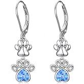LONAGO Paw Earrings for Women 925 Sterling Silver Cute Dog Cat Paw Print with Birthstone Drop Earrings for Pet