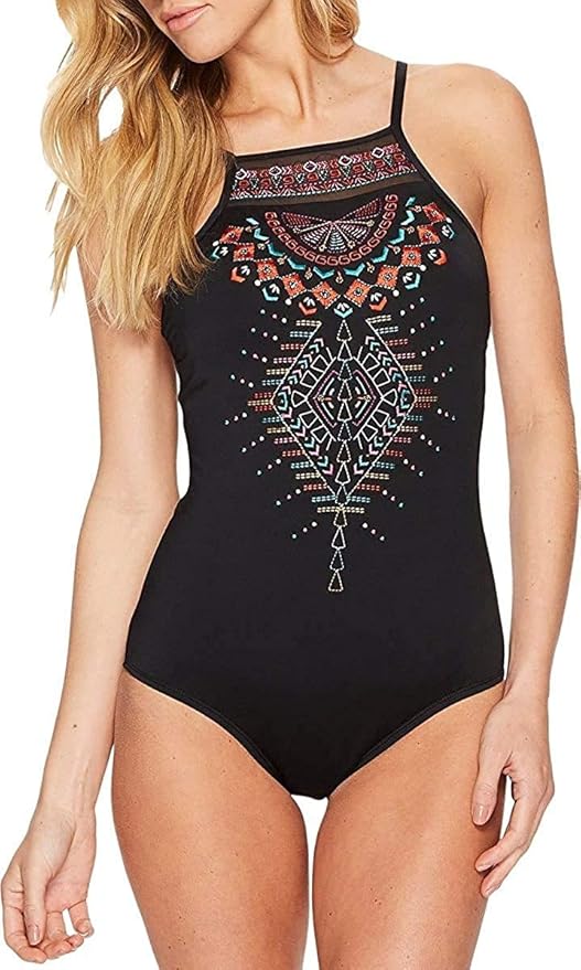 Jantzen Women's Embroidered High Neck One Piece Swimsuit, Black, 8 at