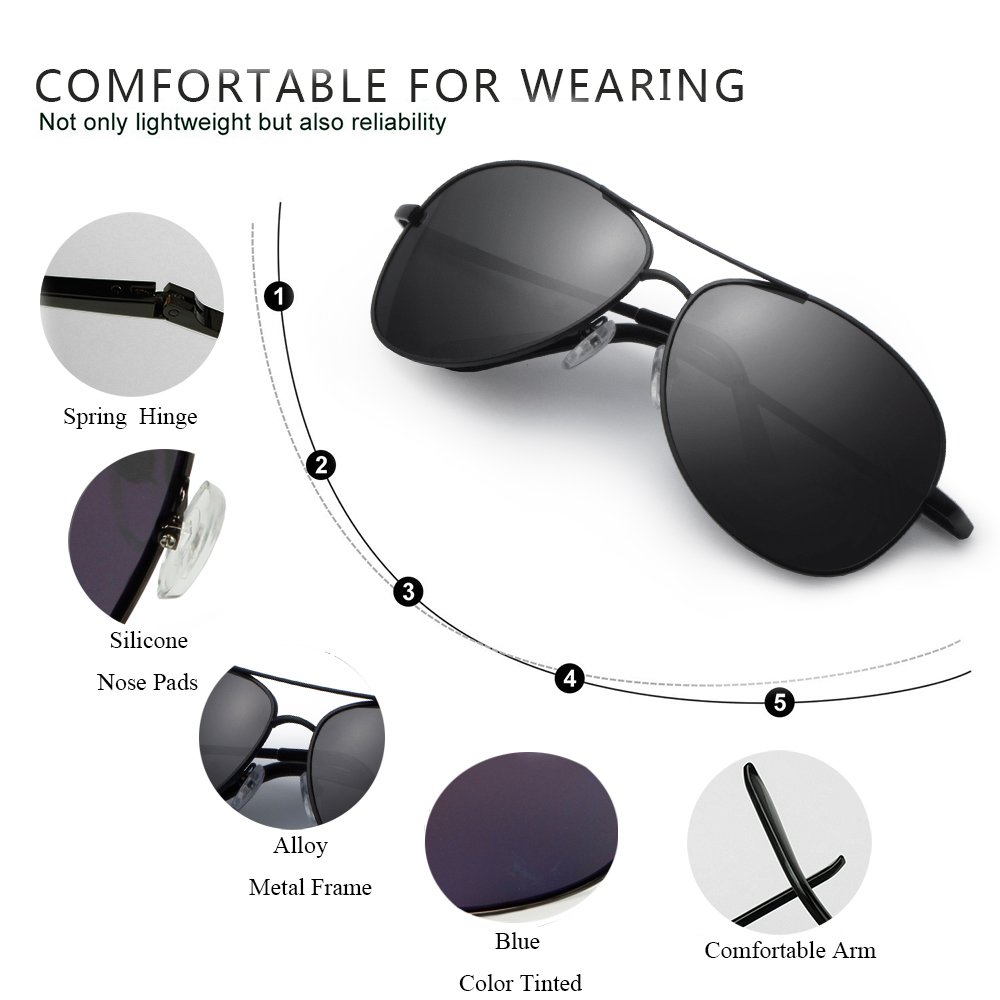 IALUKU Aviator Sunglasses Polarized for Men Classic Pilot Metal Frame UV400 (Black / Grey, 64mm)