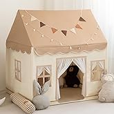 WIRHAO Kids Tent with Padded Mat Playhouse with Large Space for Toddlers Indoor Kids Play Tent for Girls Boys with Stars Lights, Carry Bag, Banner Flag (Brown)