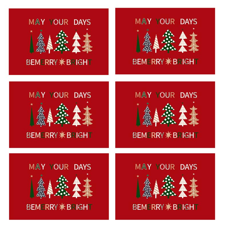 Soulnioi Christmas Placemats Set of 6, PVC Christmas Table Mats Heat Resistant Waterproof Place Mats for Dining Table Decor - Red Tree