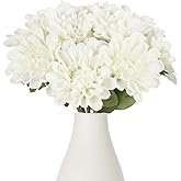 IPOPU 10pcs Artificial Chrysanthemums Flowers 13inch PU Dahlia Flowers White Fake Mums Faux Dahlia Flower with Stems for Home Wedding Office Table Centerpiece Floral Arrangement Decor(White)