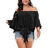 SHESTARR Womens Plus Size Off The Shoulder Blouse Tops Half Sleeves Tie Front Sexy Flowy Top