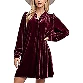 chouyatou Women's Long Sleeve Velvet Party Dress Frilly V-Neck Tunic Shift Short Dress with Pockets