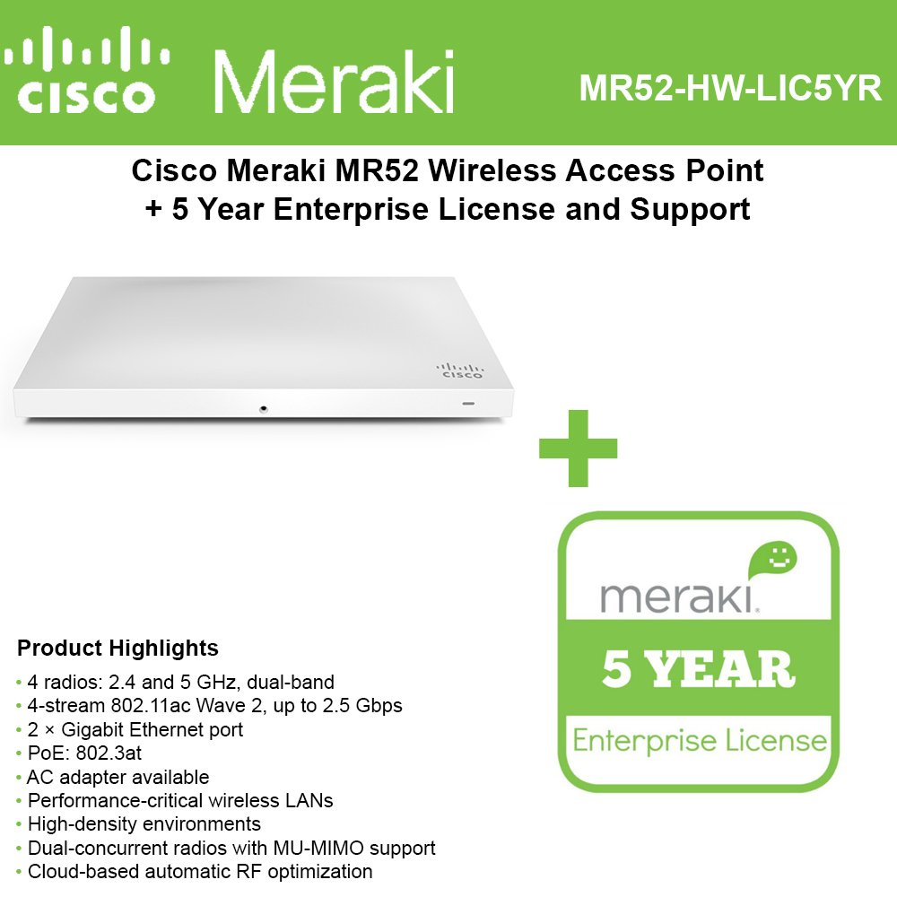 Cisco Meraki MR52 Wireless Access Point with 5 Year
