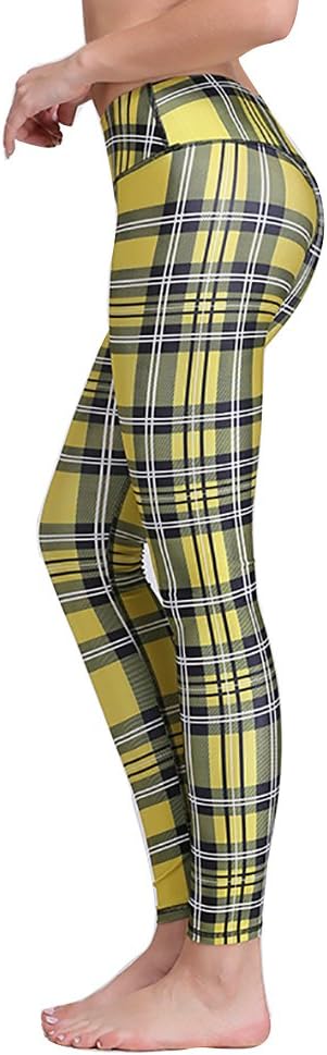 Jescakoo Scotland Plaid Pattern Leggings Stretchy Yoga Pants for Women Yellow L