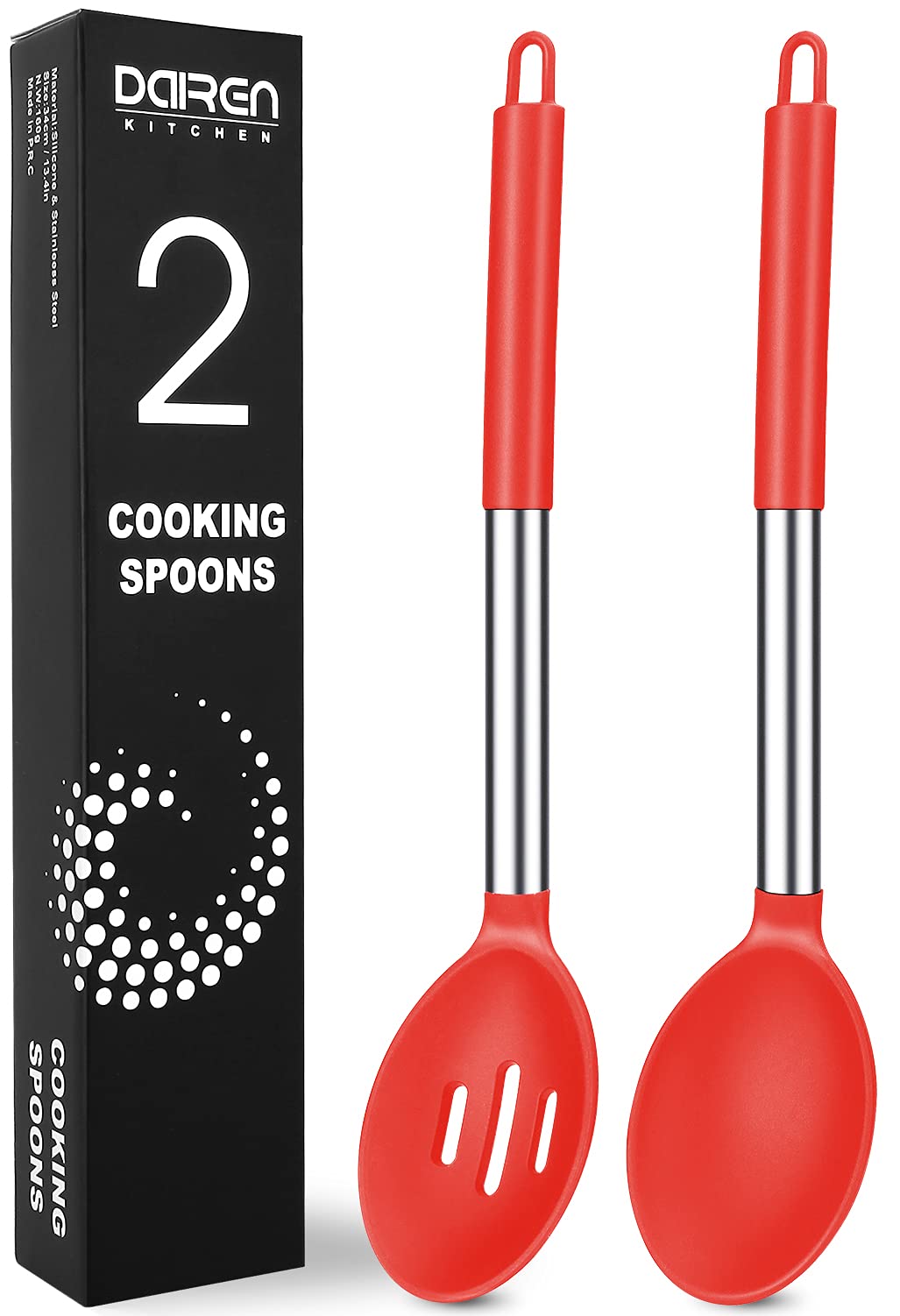 Silicone Serving Spoons, 2 Pack Solid & Slotted Spoon Set, Non-Stick BPA Free Heat-Resistant Kitchen Utensils, Plastic Cooking Spoons for Soup, Serving, Draining, Stirring (Red)