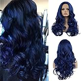 Amnenl Dark Blue Wavy Wigs for Women Long Curly Natural Synthetic Hair Replacement Wig for Halloween Cosplay Daily Use