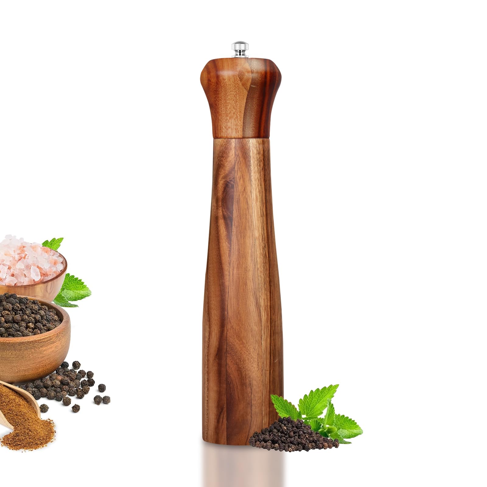 Photo 1 of 1 Pack - 10 Inch tall Acacia Wood Pepper Grinder or Salt Mill Elegant Pepper Mill Wooden with a Adjustable Ceramic Rotor and Easily Refillable - Wood Salt Grinder for Your Kitchen