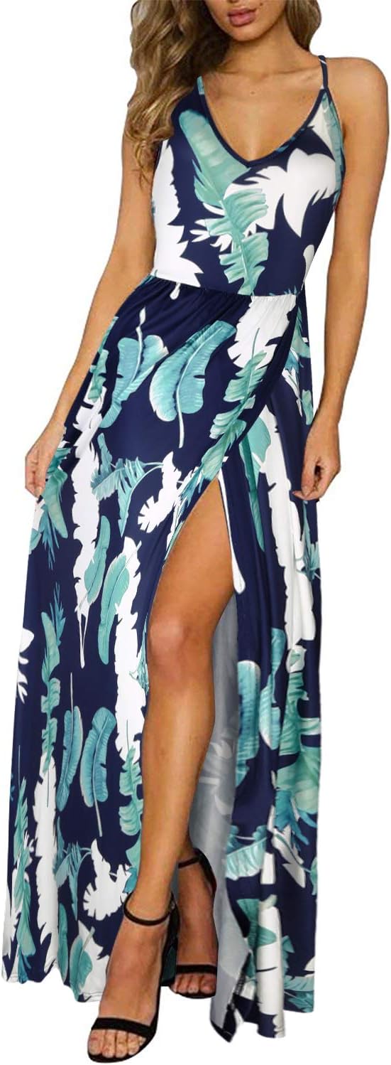 Women's Summer Floral Tie Back Adjustable Spaghetti Strap Maxi Dress Split