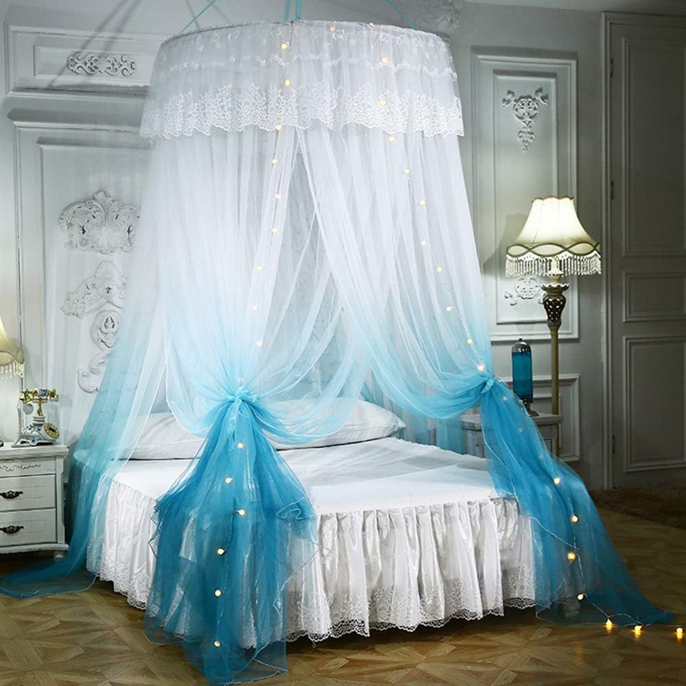Mengersi Princess Bed Canopy Romantic Round Dome Bed Curtains Mosquito Net for King Queen Full Twin Size Bed(Round Canopy, Blue and White): Home & Kitchen
