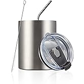 MEWAY 12 oz Lowball, Tumbler Stainless Steel Double Wall Vacuum Insulated Mug with Straw and Lid, Cleaning Brush ,Durable Powder Coated Insulated Coffee Cup for Cold & Hot Drinks (Silver, 1 Pack)