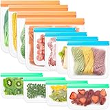 BLOCE Reusable Food Storage Bags, 12 Pack BPA FREE Flat Freezer Bags - Includes 4 Reusable Gallon Bags + 4 Leakproof Reusable